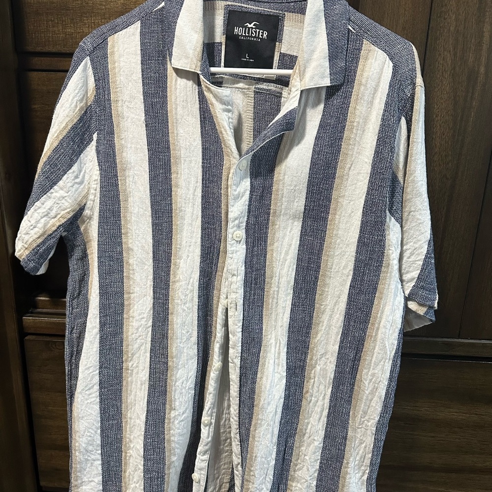 Hollister Navy and Cream Striped Shirt